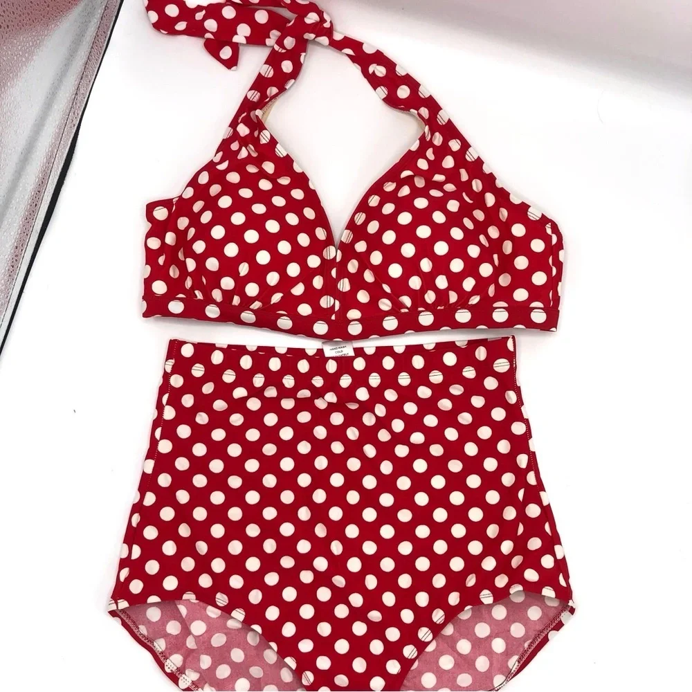 SWIMSUITS FOR ALL Diva Halter High Waist Bikini Set Polka Dot PinUp Rockabilly12